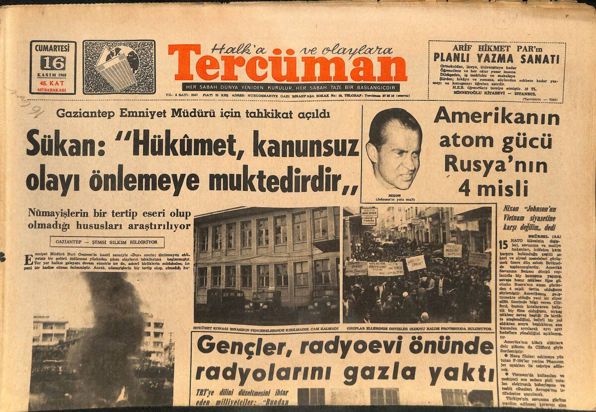 Tercüman Gazetesi 16 Kasım 1968 - Amerika'nın Atom Gücü Rusya'nın 4 Misli - Fenerbahçe Tuzağa İtildi! GZ145679 - 1