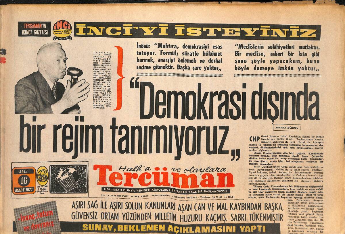 Tercüman Gazetesi 16 Mart 1971 - Cevdet Sunay, Beklenen Açıklamasını Yaptı: Anarşi Önlenecek! - Cemal Kamacı'nın Karnesinden! GZ145832 - 1
