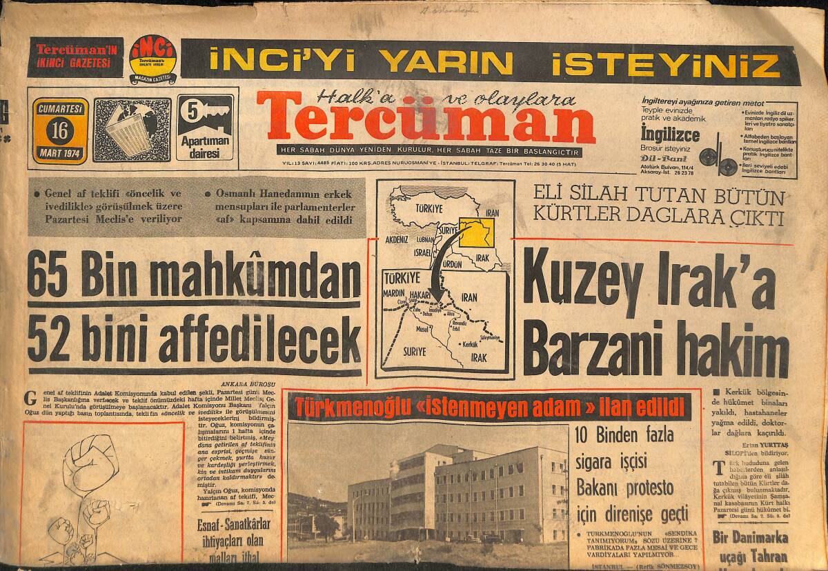 Tercüman Gazetesi 16 Mart 1974 - 65 Bin Mahkumdan 52 Bini Affedilecek - Almanya'da Tıp Skandalı GZ145783 - 1