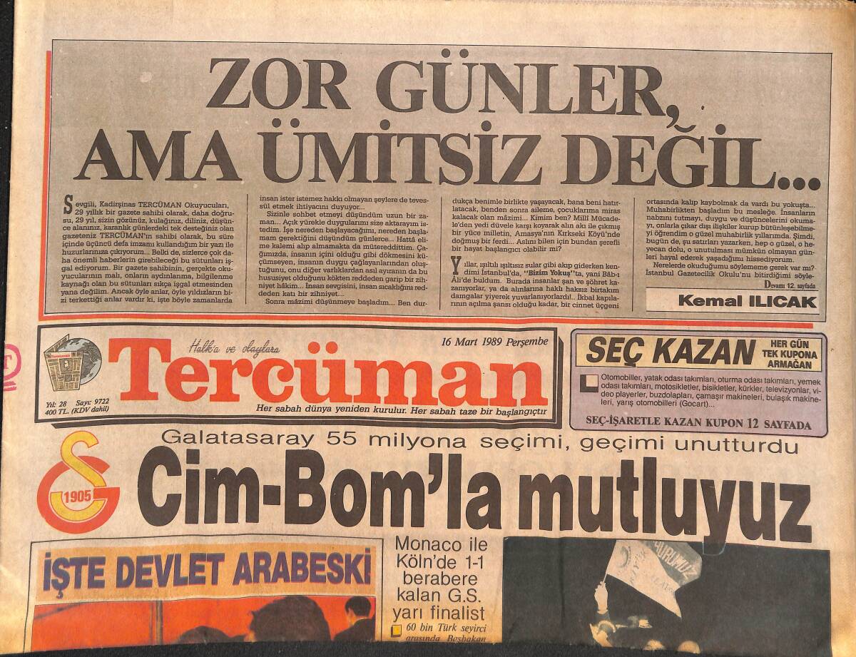 Tercüman Gazetesi 16 Mart 1989 - Cim-Bom'la Mutluyuz - Küçük Emrah , Özal'ı Çok Seviyor GZ133151 - 1