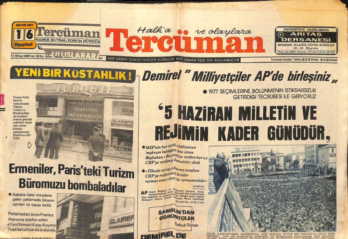 Tercüman Gazetesi 16 Mayıs 1977 - Ermeniler , Paris'teki Turizm Büromuzu Bombaladılar GZ160333 - 1