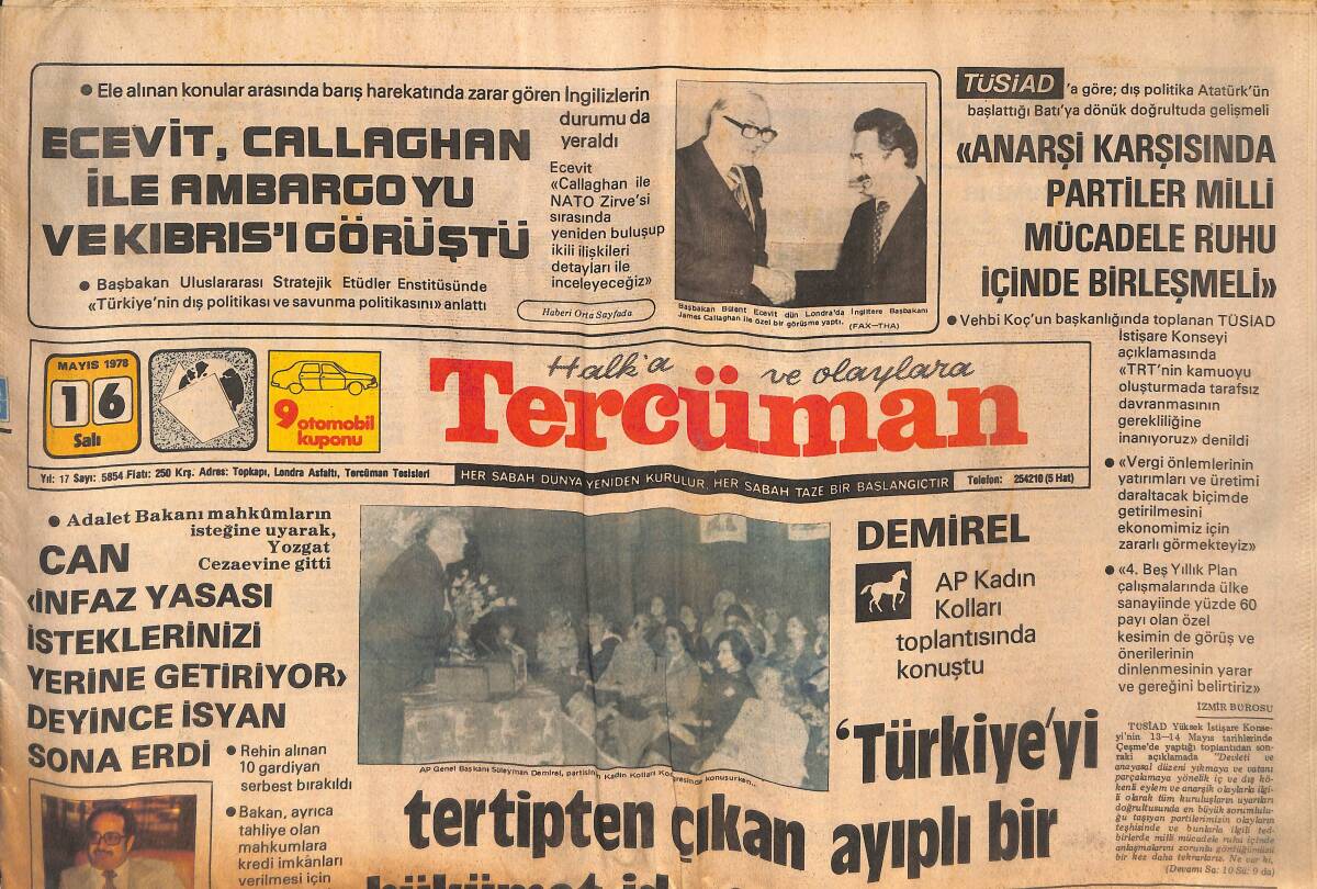 Tercüman Gazetesi 16 Mayıs 1978 - Ecevit, NATO Zirvesinde - Gönül Yazar'dan Tek Şarkı GZ133218 - 1