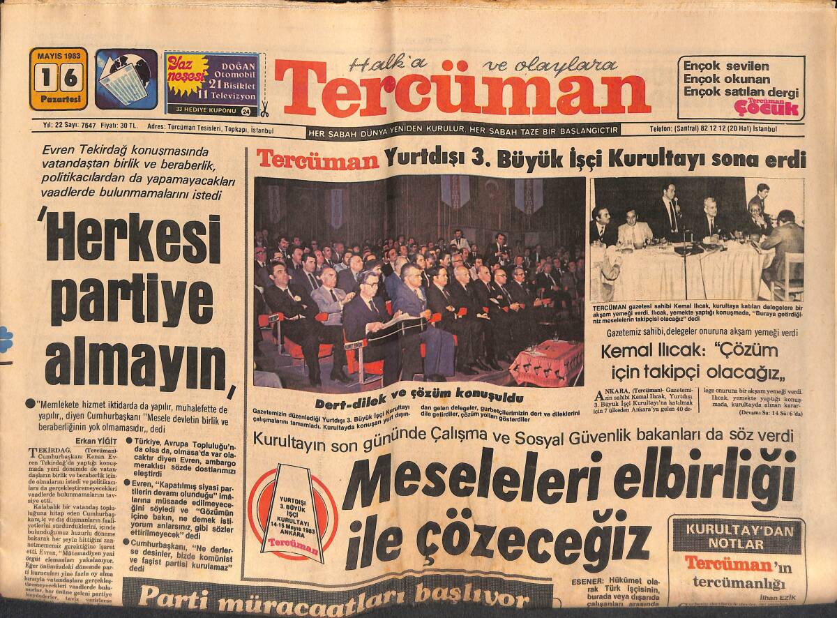 Tercüman Gazetesi 16 Mayıs 1983 - Celal Bayar Bugün 101 yaşına Bastı - İran Ve Irak Savaşı Yeniden Alevlendi - Sunalp Partisinin Levhasını Astı GZ132382 - 1
