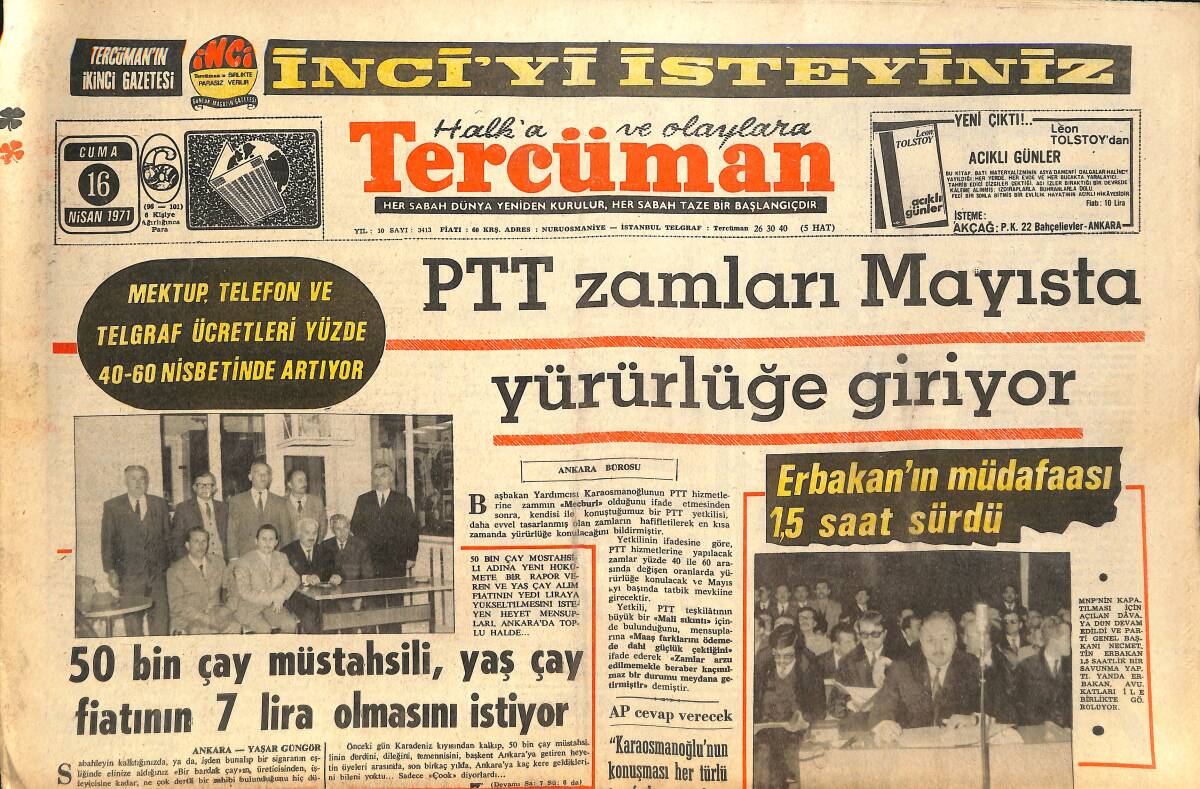 Tercüman Gazetesi 16 Nisan 1971 - Deniz Gezmiş Ve 7 Arkadaşları Kayseri'ye Nakledildiler! - Necmettin Erbakan'ın Müdafaası 1,5 Saat Sürdü! GZ145771 - 1