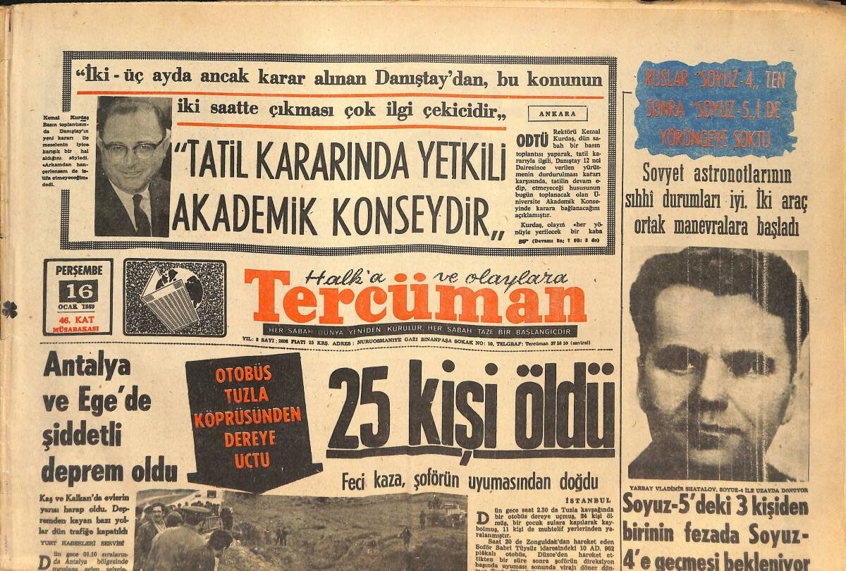 Tercüman Gazetesi 16 Ocak 1969 - Antalya Ve Ege'de Şiddetli Deprem Oldu - Bolu'lular, Lefter'i İstenmeyen Adam İlan Ettiler! GZ146135 - 1