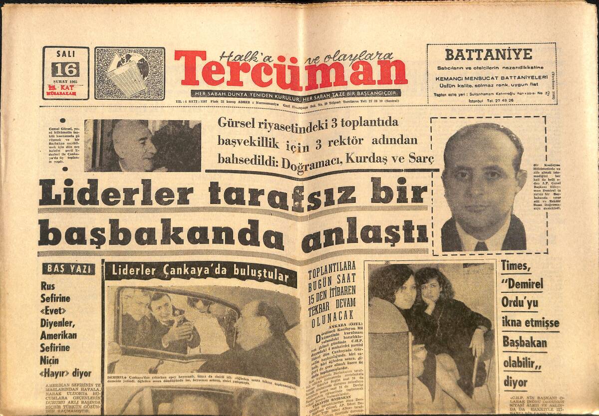 Tercüman Gazetesi 16 Şubat 1965 - Liderler Tarafsız Bir Başkanda Anlaştı - Times, Demirel Ordu'yu İkna Etmişse Başbakan Olabilir Diyor GZ140446 - 1