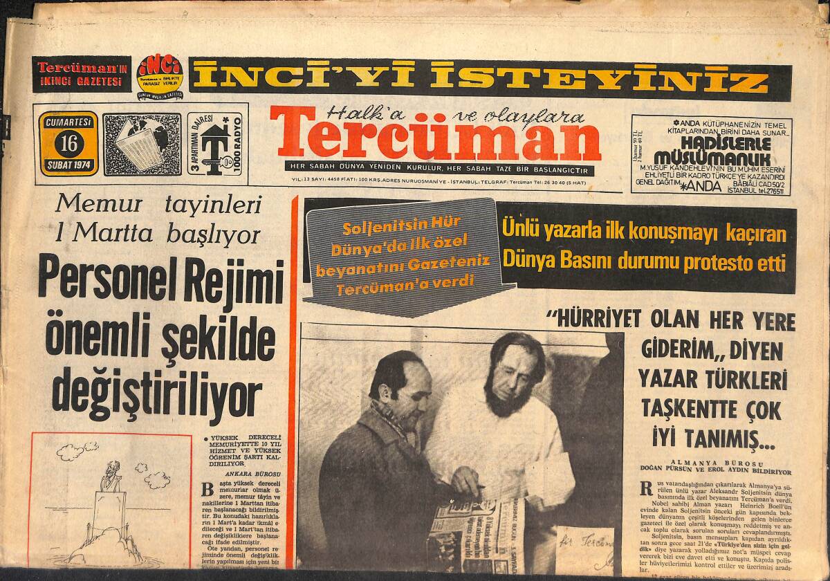 Tercüman Gazetesi 16 Şubat 1974 - Personel Rejimi Önemli Şekilde Değiştiriliyor! - B. Almanya Pele İçin Madalyon Basıyor! GZ146068 - 1