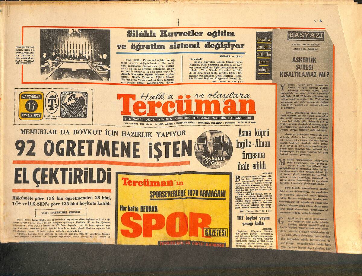 Tercüman Gazetesi 17 Aralık 1969 - Asma Köprü İngiliz-Alman Firmasına İhale Edildi - TRT Boykot Yayını Yasağı Kalktı GZ144235 - 1
