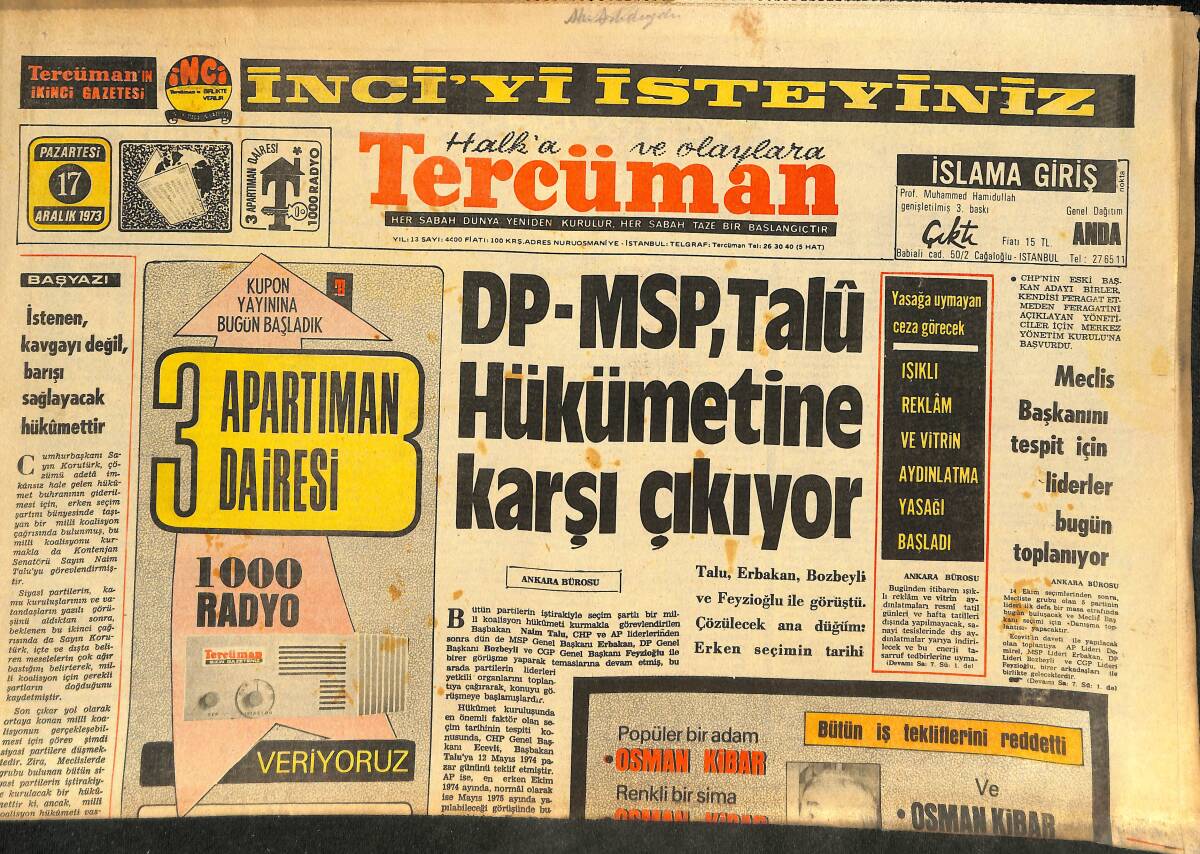 Tercüman Gazetesi 17 Aralık 1973 - DP-MSP, Talu Hükümetine Karşı Çıkıyor! - Meclis Başkanını Tespit İçin Liderler Bugün Toplanıyor! GZ145714 - 1