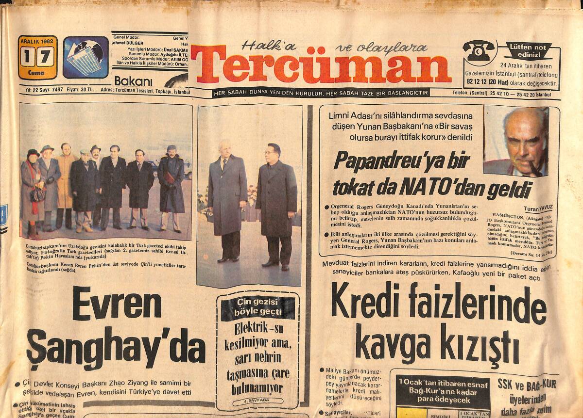 Tercüman Gazetesi 17 Aralık 1982 - Asgari Ücretin Alım Gücü Yine Düşük - Evren Şanghay'da GZ134171 - 1