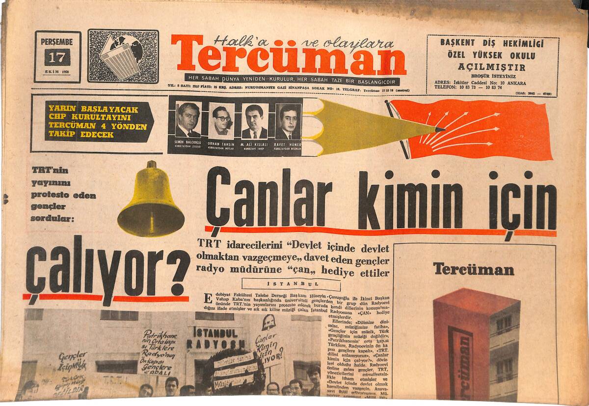 Tercüman Gazetesi 17 Ekim 1968 - TRT'nin Yayınını Protesto Eden Gençler Sordular - Schirra , Kurşun Kalemle Köşe Kapmaca Oynadı GZ144782 - 1