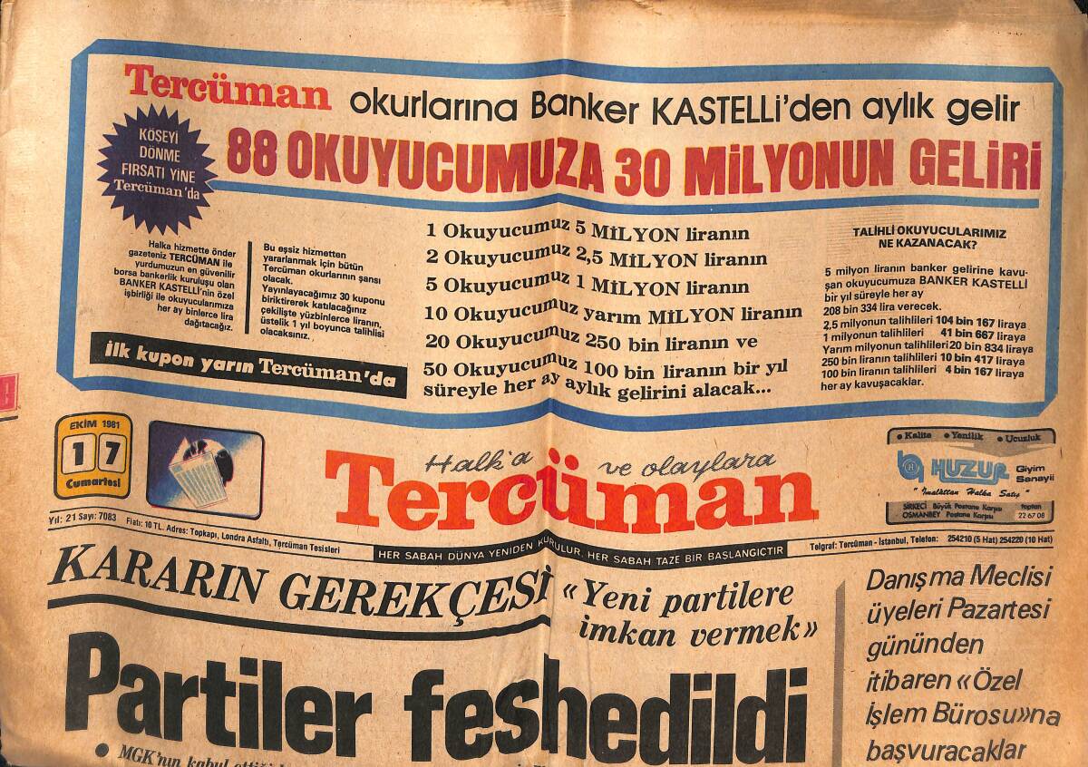 Tercüman Gazetesi 17 Ekim 1981 - Ajda Pekkan Bundan Sonra Yalnız '' Hayır '' İçin Konser Verecek GZ134620 - 1