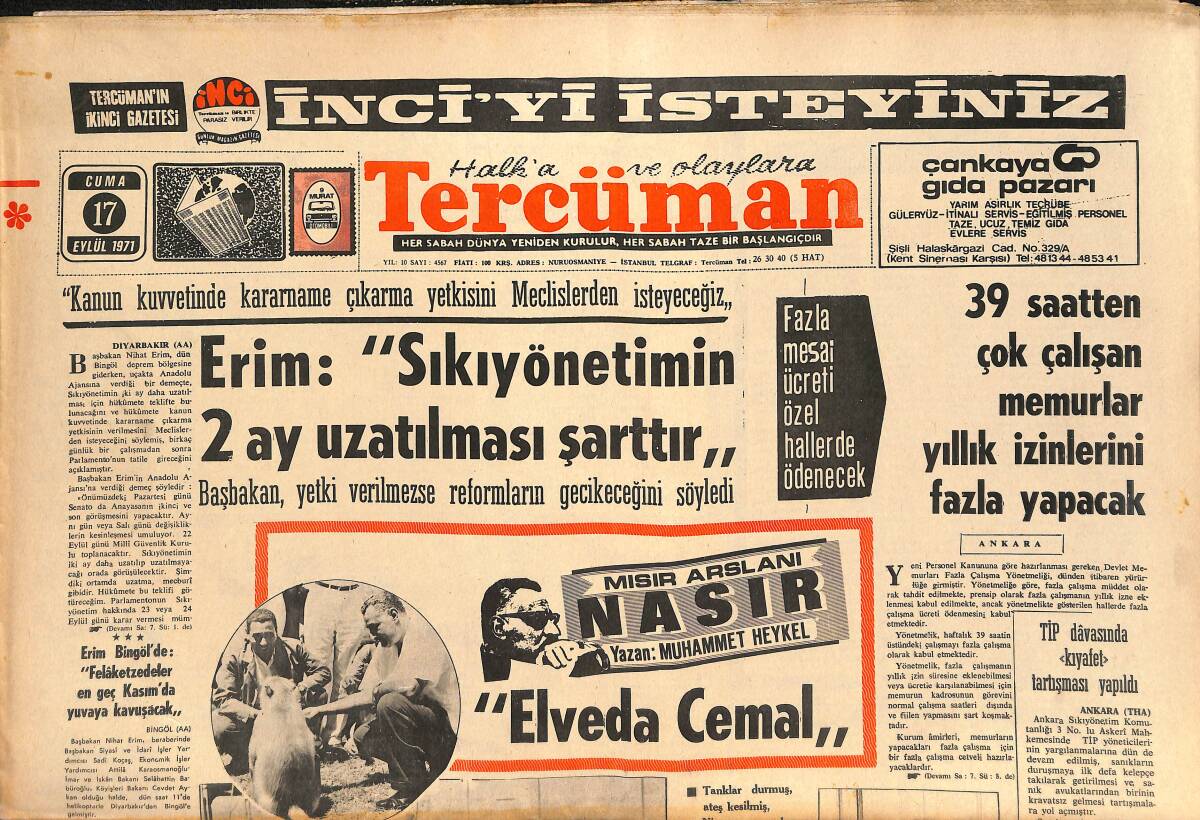 Tercüman Gazetesi 17 Eylül 1971 - Erim: Sıkıyönetimin 2 Ay Uzatılması Şarttır - Hacettepe'ye Alınacak Öğrencilerin Puan Durumu Belli Oldu GZ141214 - 1