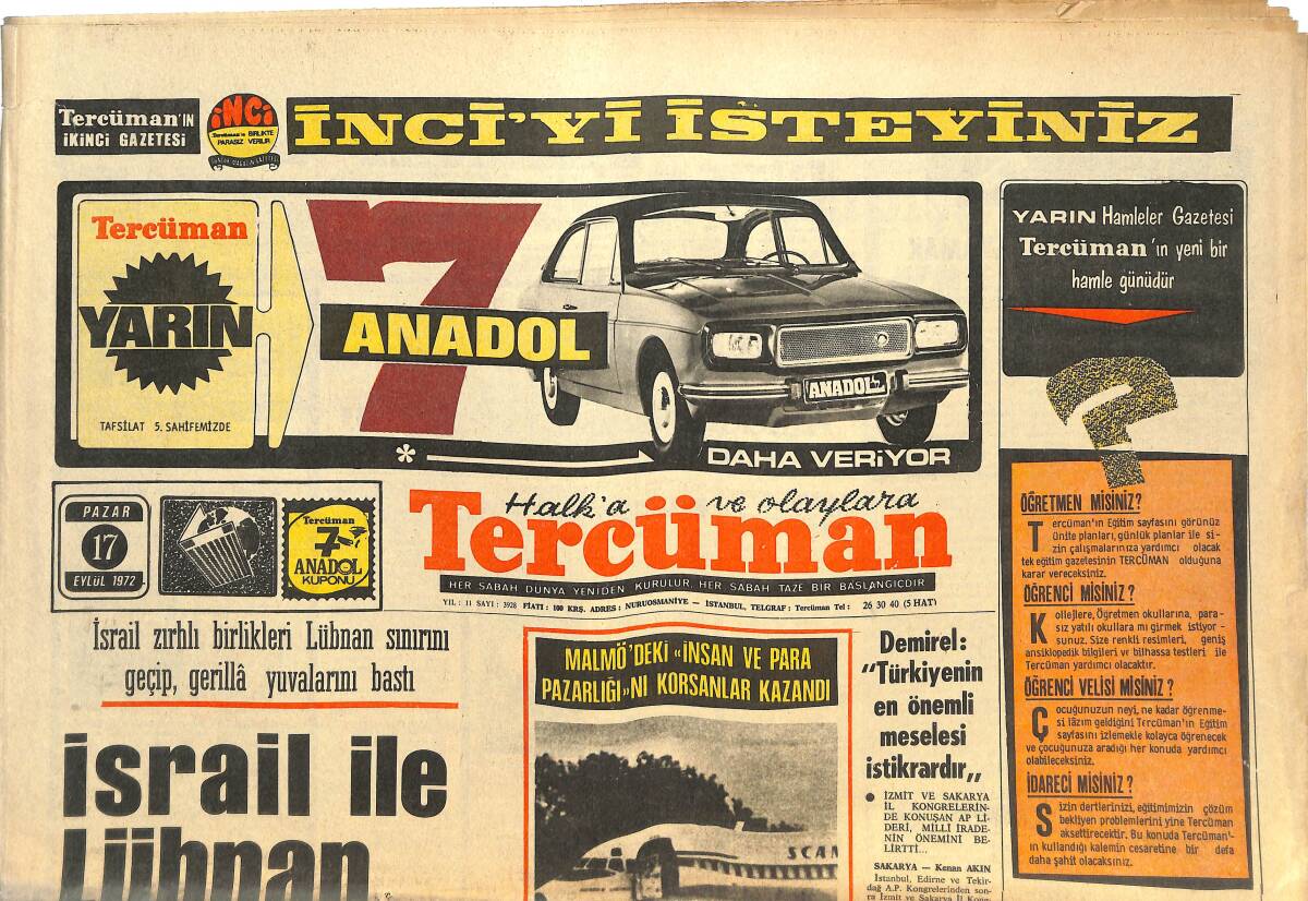 Tercüman Gazetesi 17 Eylül 1972 - İsrail İle Lübnan Çarpışıyor ! - Sinop Cezaevinde Mahkumlar İddialı Bir Güreş Takımı Kurdu! GZ144672 - 1