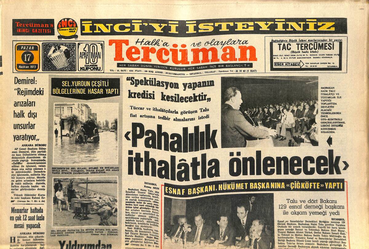 Tercüman Gazetesi 17 Haziran 1973 - Tutum Üstüne Birkaç Söz Murat 124 - Esnaf Başkanı Hükümet Başkanına Çiğköfte Yaptı GZ141168 - 1