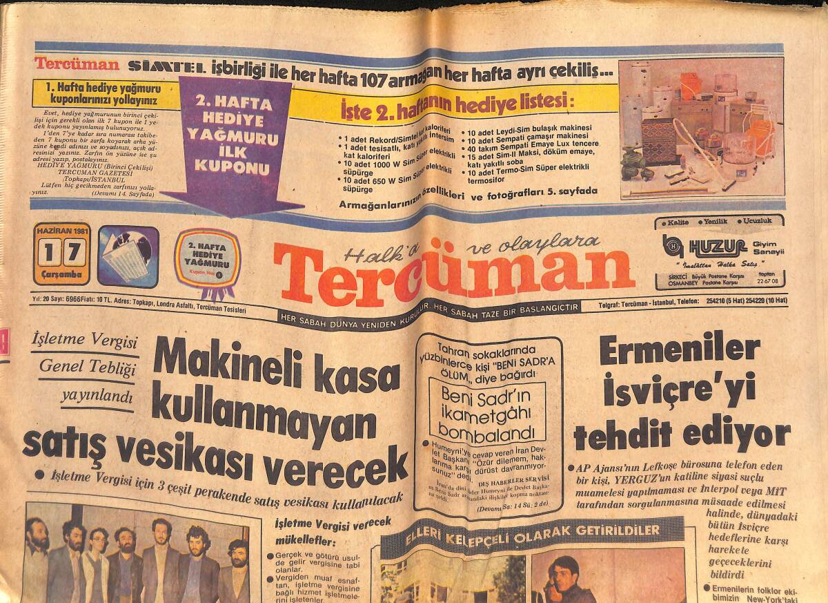 Tercüman Gazetesi 17 Haziran 1981 - Ermeni'ler İsviçre'yi Tehdit Ediyor - TDKP'nin Beyin Takımı Yakalandı GZ132466 - 1