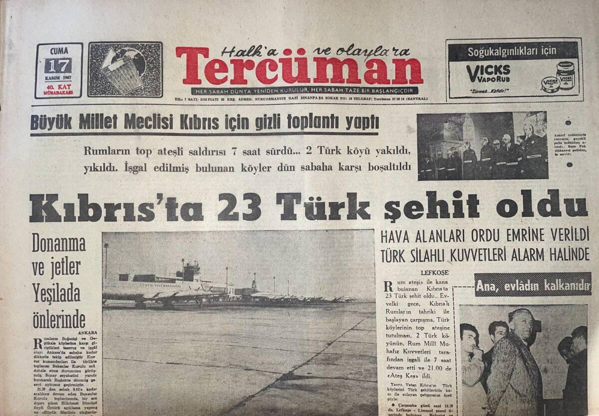 Tercüman Gazetesi 17 Kasım 1967 - Kıbrıs'ta 23 Türk Şehit Oldu - Beşiktaş'ın Liderlik Hevesi Bu Hafta Alsancak'ta Sönecek GZ141818 - 1