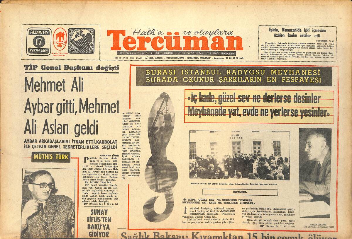 Tercüman Gazetesi 17 Kasım 1969 - Sunay, Tiflis'ten Bakü'ye Gidiyor - Apollo-12 Otomatik Dünya'ya Dönüş Rotasından Çıkarıldı GZ143141 - 1