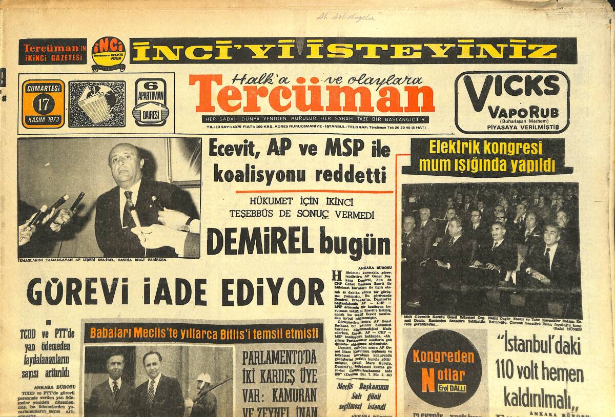 Tercüman Gazetesi 17 Kasım 1974 - Demirel Bugün Görevi İade Ediyor - Prenses Anne'nin Düğün Davetiyeleri Basına 23 Sterline Satıldı GZ144556 - 1
