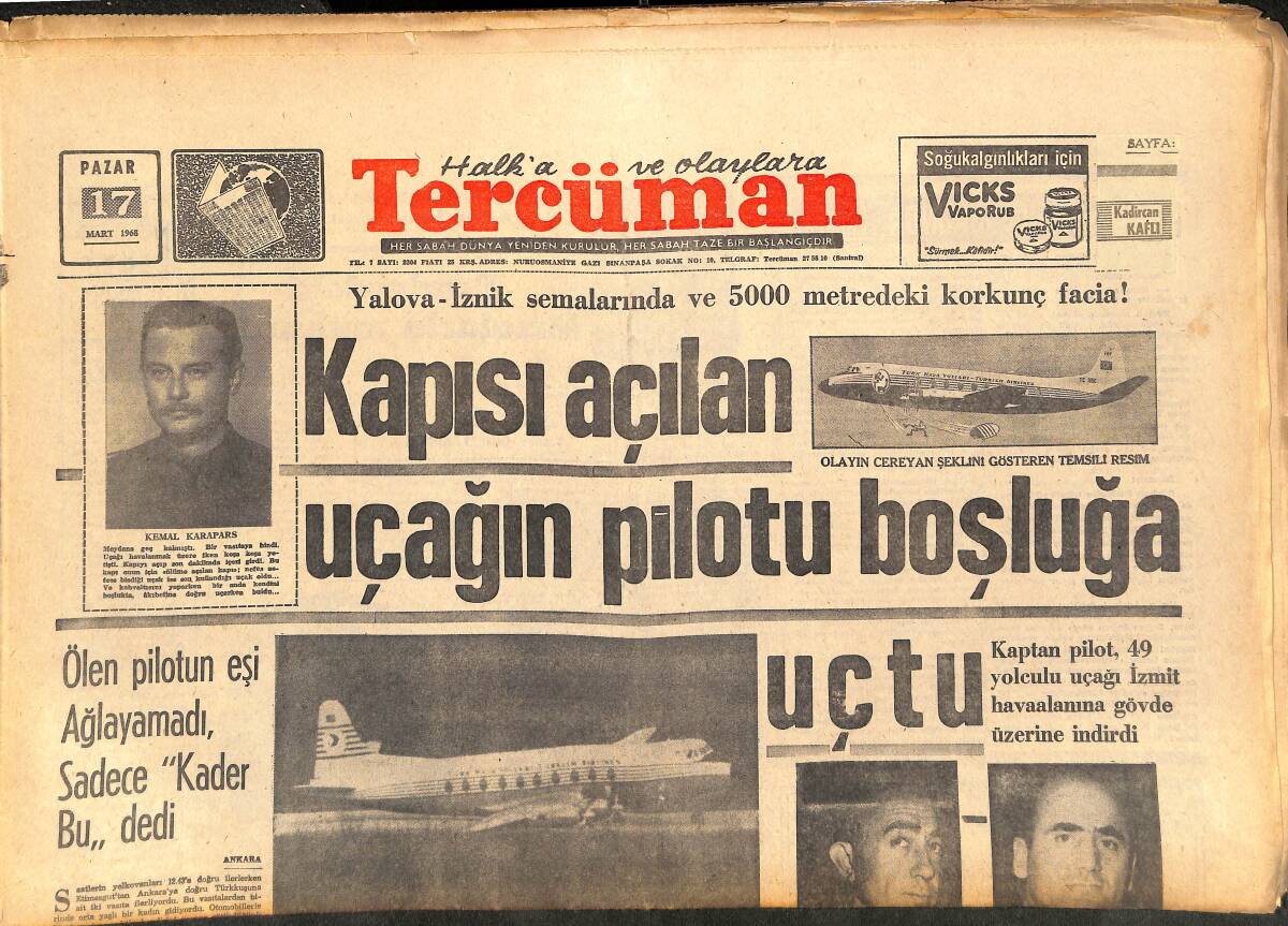 Tercüman Gazetesi 17 Mart 1968 - Kapısı Açılan Uçağın Pilotu Boşluğa Uçtu, Kemal Karapars - Robert Kennedy Başkanlık İçin Adaylığını Koydu GZ142090 - 1