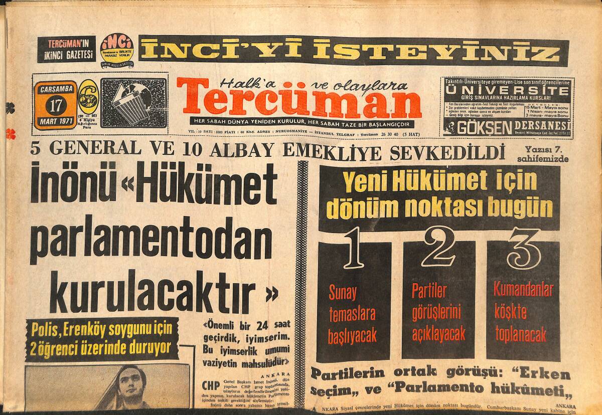 Tercüman Gazetesi 17 Mart 1971 - İnönü: Hükümet Parlamentodan Kurulacaktır - Fenerbahçe'den Rahatı Yok GZ145655 - 1