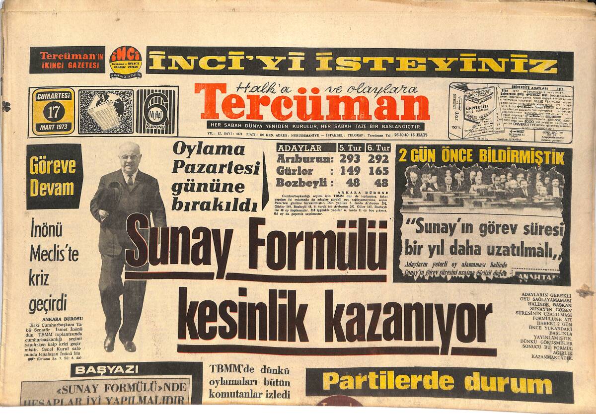 Tercüman Gazetesi 17 Mart 1973 - İnönü Meclis'te Kriz Geçirdi - İsrail, Bir Türk'ün İfşaatını Bütün Dünya'ya Gizledi GZ144898 - 1