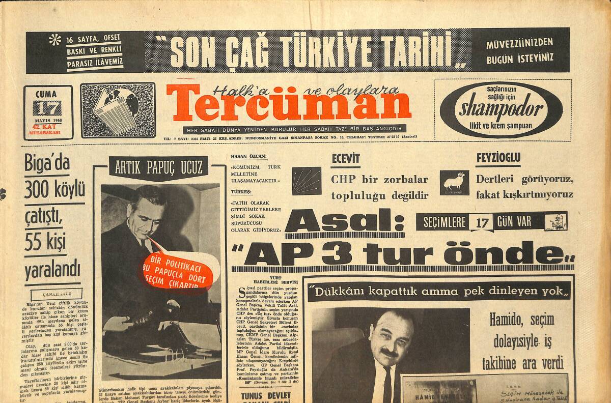 Tercüman Gazetesi 17 Mayıs 1968 - Biga'da 300 Köylü Çatıştı , 55 Kişi Yaralandı GZ145415 - 1