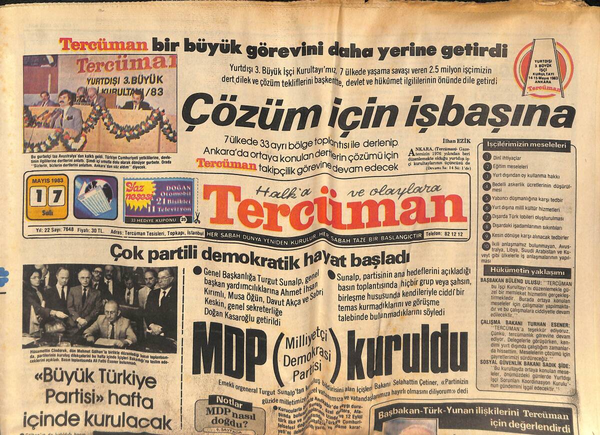Tercüman Gazetesi 17 Mayıs 1983 - Büyük Türkiye Partisi Hafta İçinde Kurulacak - Galatasaray İçin Her şey Bitmedi - Fener'de Bayram Günü GZ132703 - 1