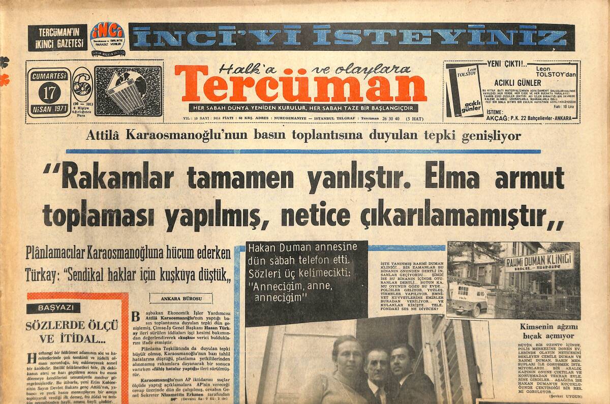 Tercüman Gazetesi 17 Nisan 1971 - Silahlı Kuvvetler İçin Filtreli Sigara Hazırlanıyor - Duman Ailesi 250 Bin Lirayı Hazırladı GZ141969 - 1