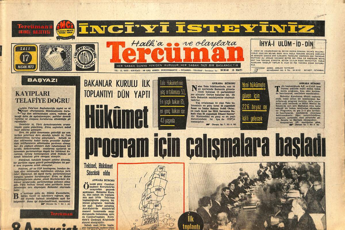 Tercüman Gazetesi 17 Nisan 1973 - Murat 124'e Zam Yok - Hükümet Program İçin Çalışmalara Başladı GZ145496 - 1