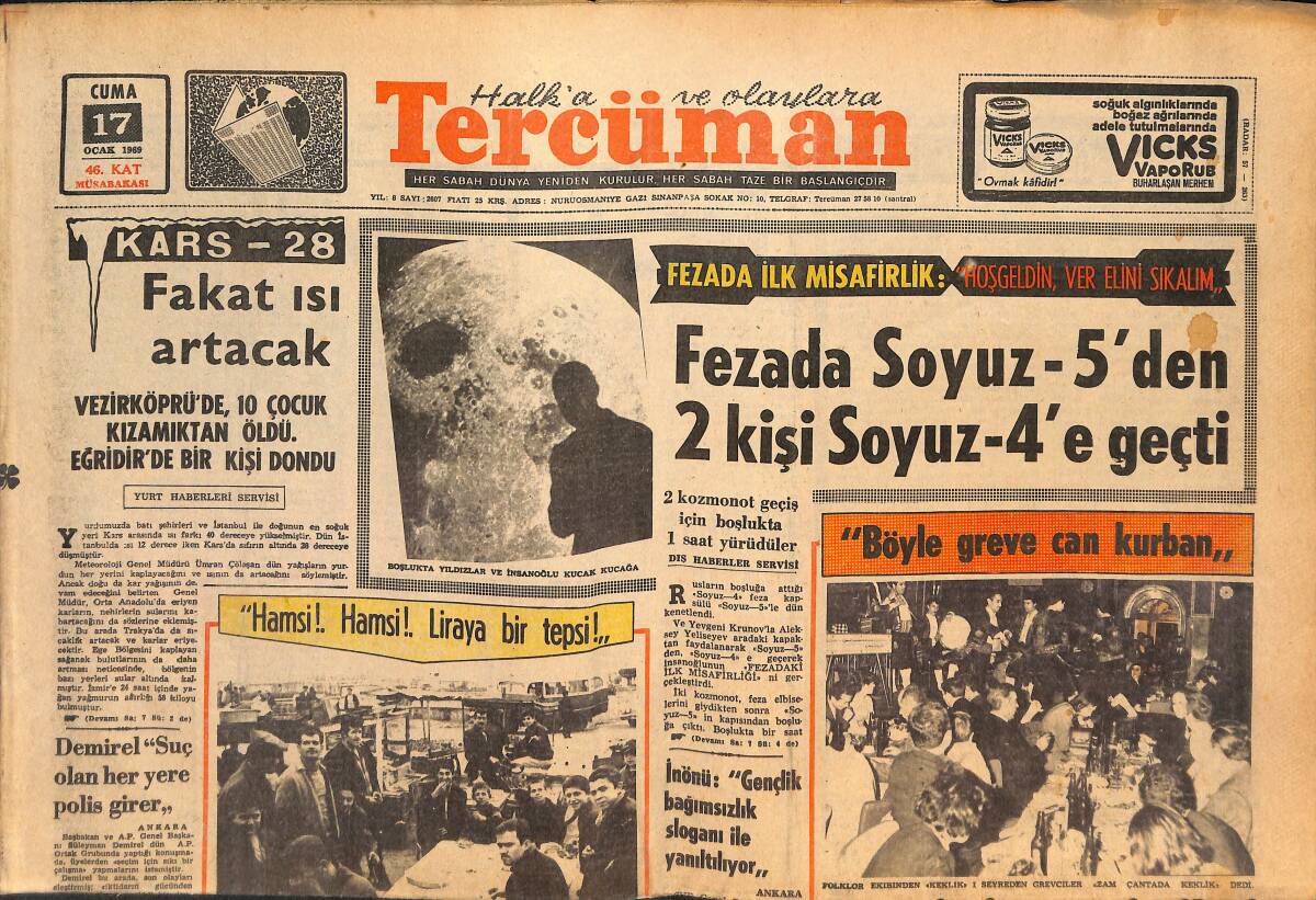 Tercüman Gazetesi 17 Ocak 1969 - Amerikan Büyükelçisi Komer İstanbul'a Geldi! - Milli Takım Bugün S. Arabistanla Karşılaşıyor! GZ146136 - 1