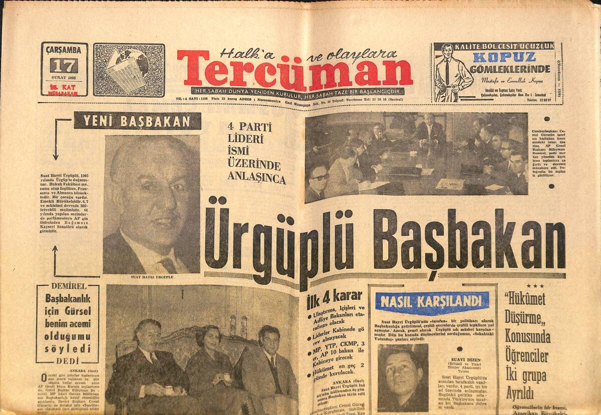 Tercüman Gazetesi 17 Şubat 1965 - Ürgüplü Başbakan - Beşiktaş'ı Yenen Takım Galatasaray - Fenerbahçe Yabancı Hakem İstiyor GZ140447 - 1