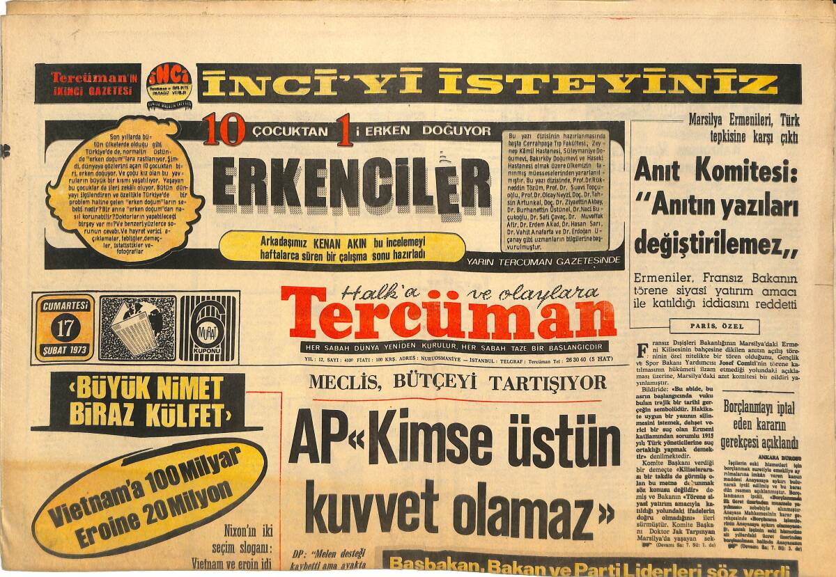 Tercüman Gazetesi 17 Şubat 1973 - Demirel Ve Ecevit'in Koruma Polisleri Azaltıldı - Ziya Fenerbahçe İçin Pele'den Bile Büyüktür GZ144860 - 1