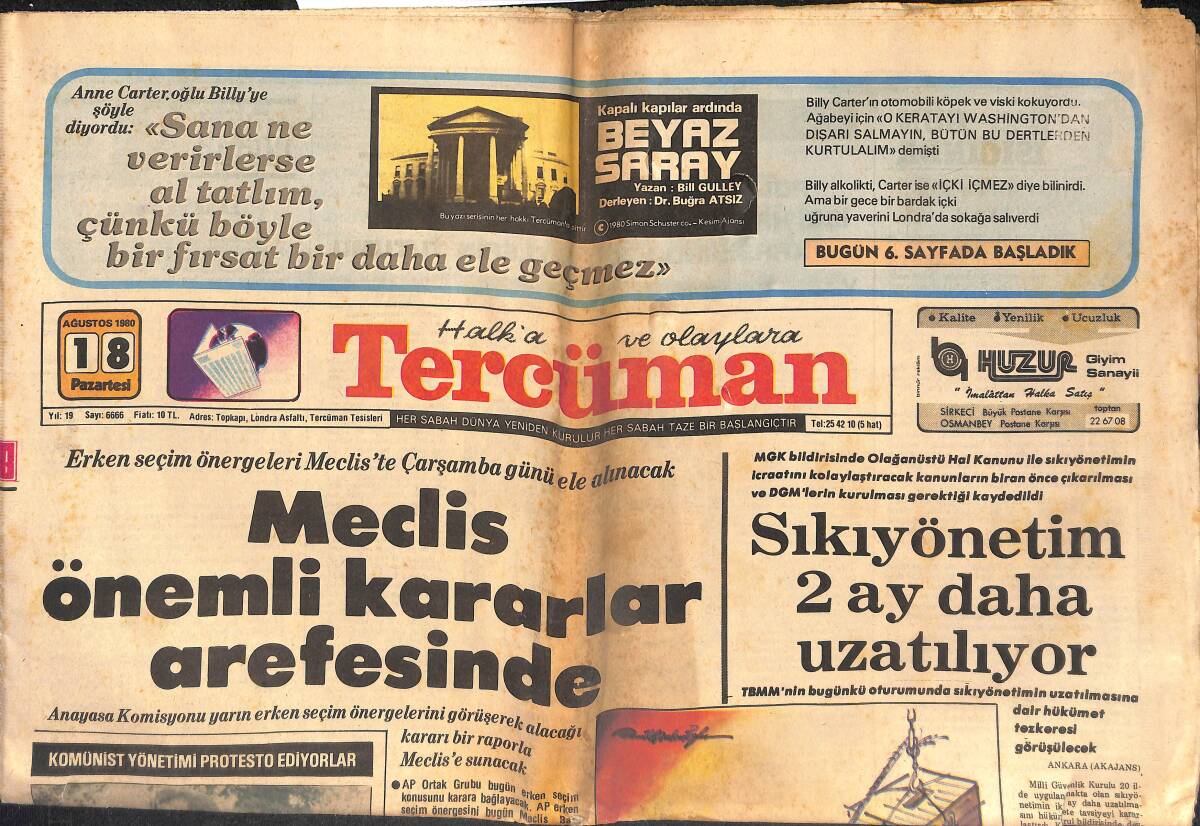 Tercüman Gazetesi 18 Ağustos 1980 - Polislere Lojman Verilecek - Sıkıyönetim 2 Ay Daha Uzatılıyor GZ134051 - 1