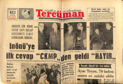 Tercüman Gazetesi 18 Aralık 1963 -İnönüye İlk Cevap CKMP den Geldi HAYIR GZ67599 - 1