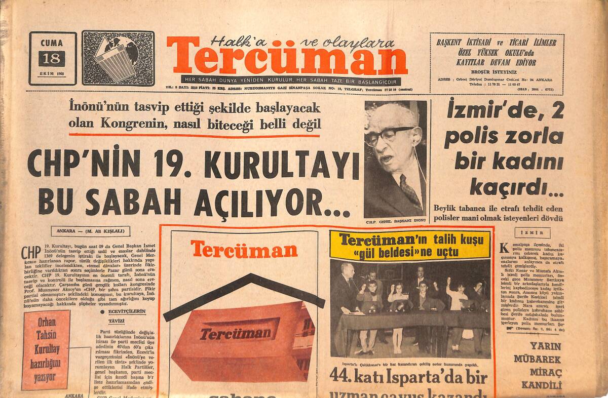 Tercüman Gazetesi 18 Ekim 1968 - CHP'nin 19.Kurultayı Bu Sabah Açılıyor... - Tatar '' Kore'liyi Döveceğim '' dedi GZ144783 - 1