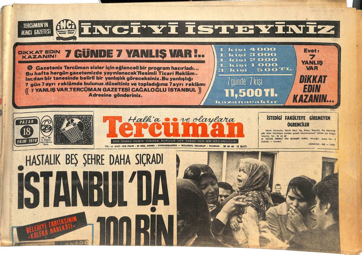 Tercüman Gazetesi 18 Ekim 1970 - İstanbul'da 100 Bin Kişi Aşılandı - Almanlara Boyun Eğmedik GZ145084 - 1