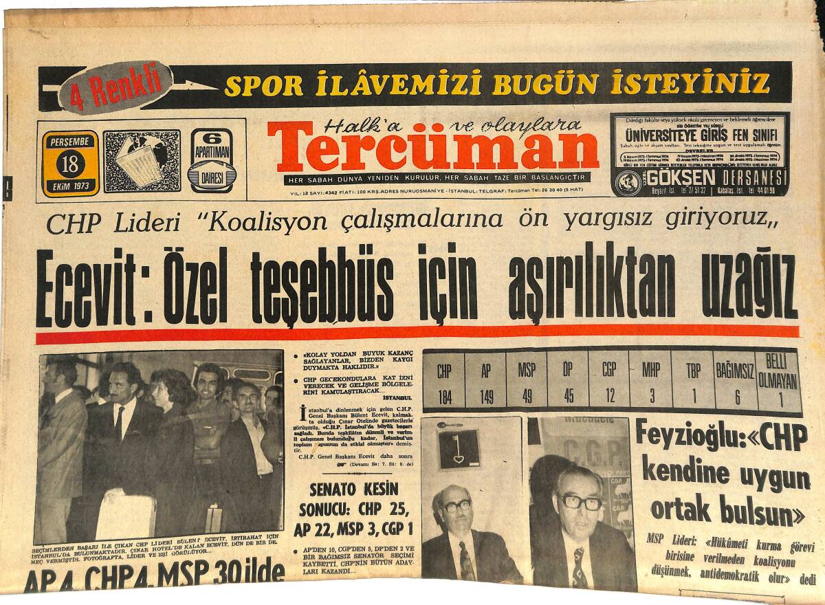 Tercüman Gazetesi 18 Ekim 1973 - Ecevit: Özel Teşebbüs İçin Aşırılıktan Uzağız! - İsrail Mısır'a Sızdı - UEFA İcra Komitesi Dün Gizli Toplandı! GZ144736 - 1