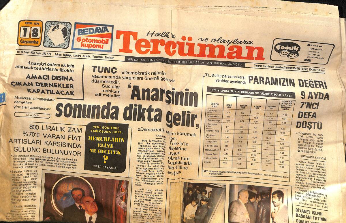 Tercüman Gazetesi 18 Ekim 1978 - Amacı Dışına Çıkan Dernekler Kapatılacak - Hava Harp Okulunda Albay İntihar Etti GZ133391 - 1