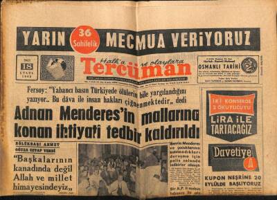 Tercüman Gazetesi 18 Eylül 1962 - Adnan Menderesin Mallarına Konan İhtiyati Tedbir Kaldırıldı GZ70730 - 2