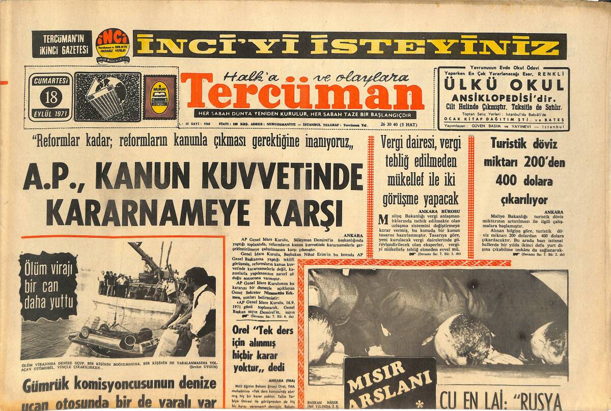 Tercüman Gazetesi 18 Eylül 1971 - Muhammed Ali Clay Boksu Bir Yıla Kadar Bırakacağını Açıkladı - İzmir'deki Müdürler Semineri GZ144935 - 1