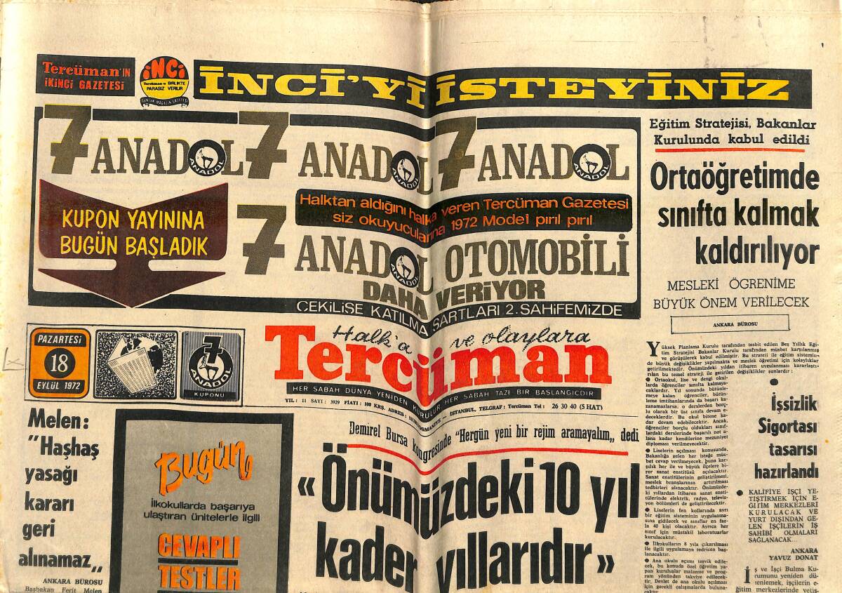 Tercüman Gazetesi 18 Eylül 1972 - İnönü Kardeşinin Cenazesinde Sık Sık Ağladı - Muhammed Ali Clay Bir Boks Eğitim Kampı Açtı GZ143282 - 1