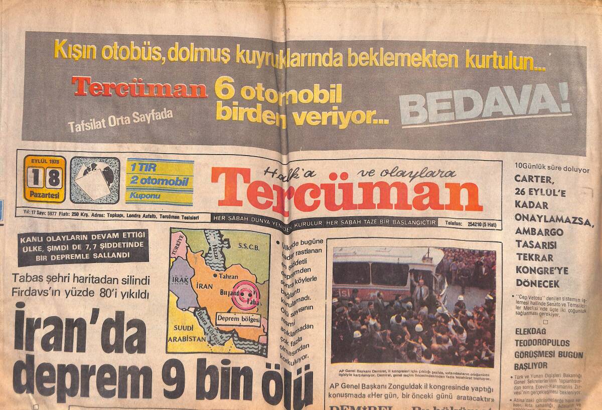 Tercüman Gazetesi 18 Eylül 1978 - İran'da Deprem 9 Bin Ölü - Tahran'da Sokağa Çıkma Yasağı Hafifletildi - 3 Büyükler Bu Hafta Puan Kaybetti GZ132529 - 1