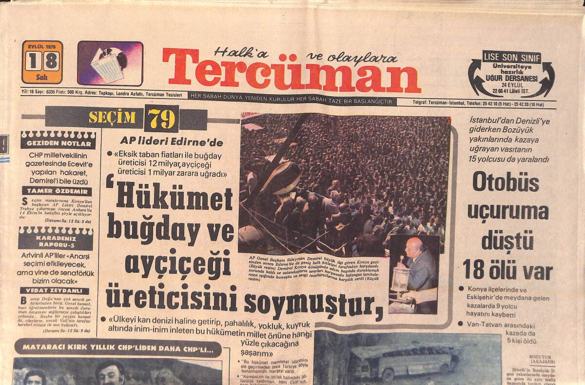 Tercüman Gazetesi 18 Eylül 1979 -Denizli Yolunda Otobüs Uçuruma Düştü 