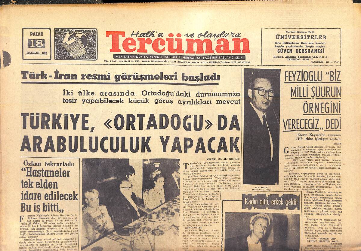 Tercüman Gazetesi 18 Haziran 1967 - Türkiye Ortadoğu'da Arabuluculuk Yapacak - Milli Takım Bugün Çek'lerle Oynuyor! GZ144411 - 1