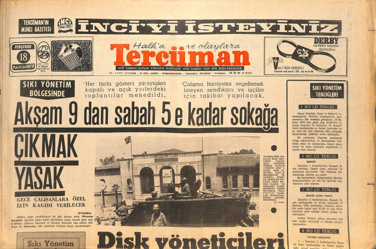 Tercüman Gazetesi 18 Haziran 1970 - Akşam Dokuzdan Sabah Beşe Kadar Sokağa Çıkmak Yasa GZ145344 - 1