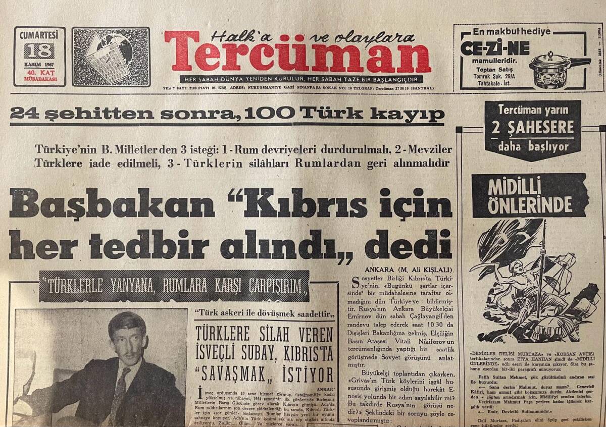 Tercüman Gazetesi 18 Kasım 1967 - Başbakan Kıbrıs için Her Önlem Alındı Dedi - Mimarlar Odası, Diyanet Sitesine Vize Vermiyor GZ141819 - 1