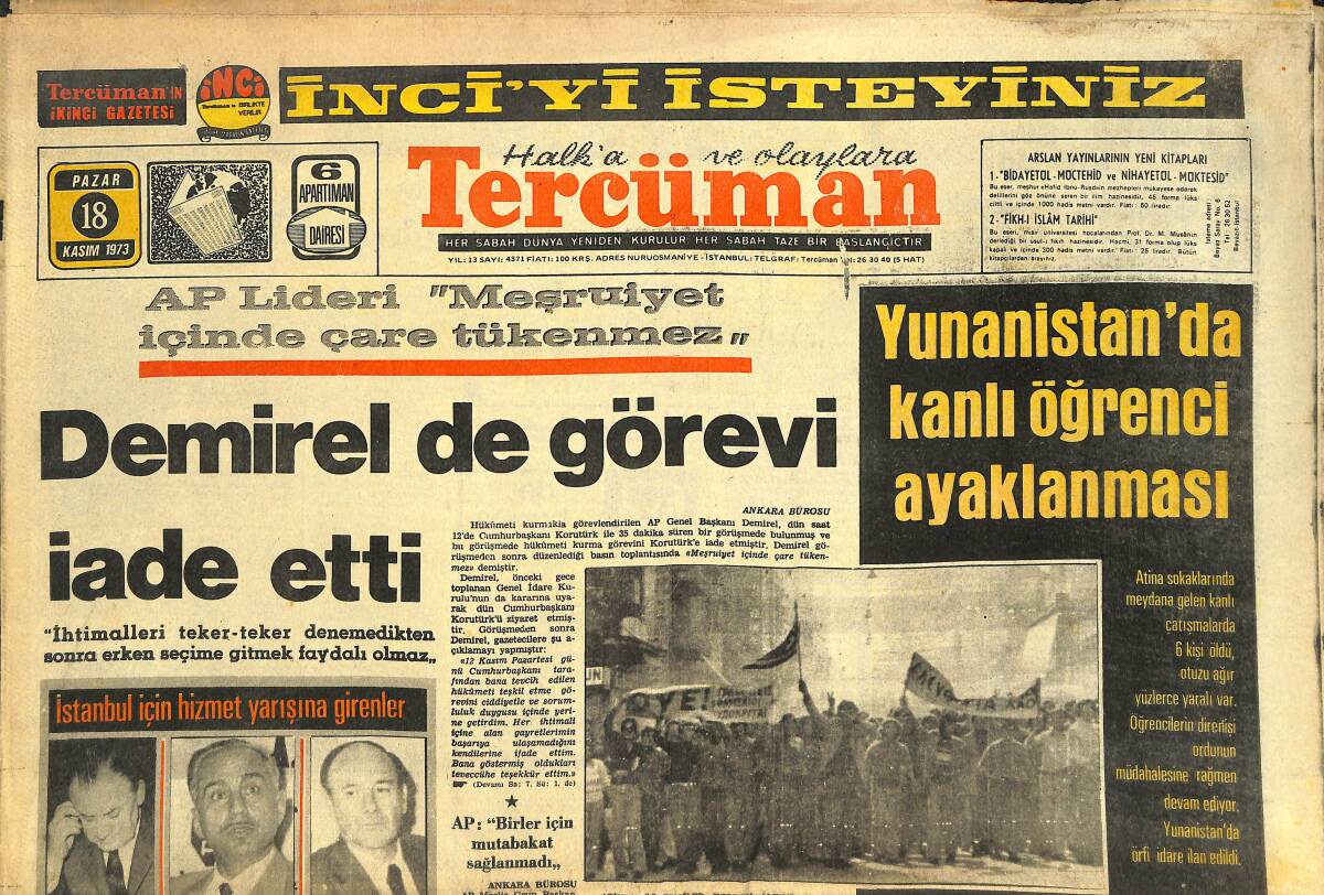 Tercüman Gazetesi 18 Kasım 1974 - Yunanistan'da Kanlı Öğrenci Ayaklanması - Dünya Kupası Son Eleme Maçı İçin Tek Dilek GZ144557 - 1