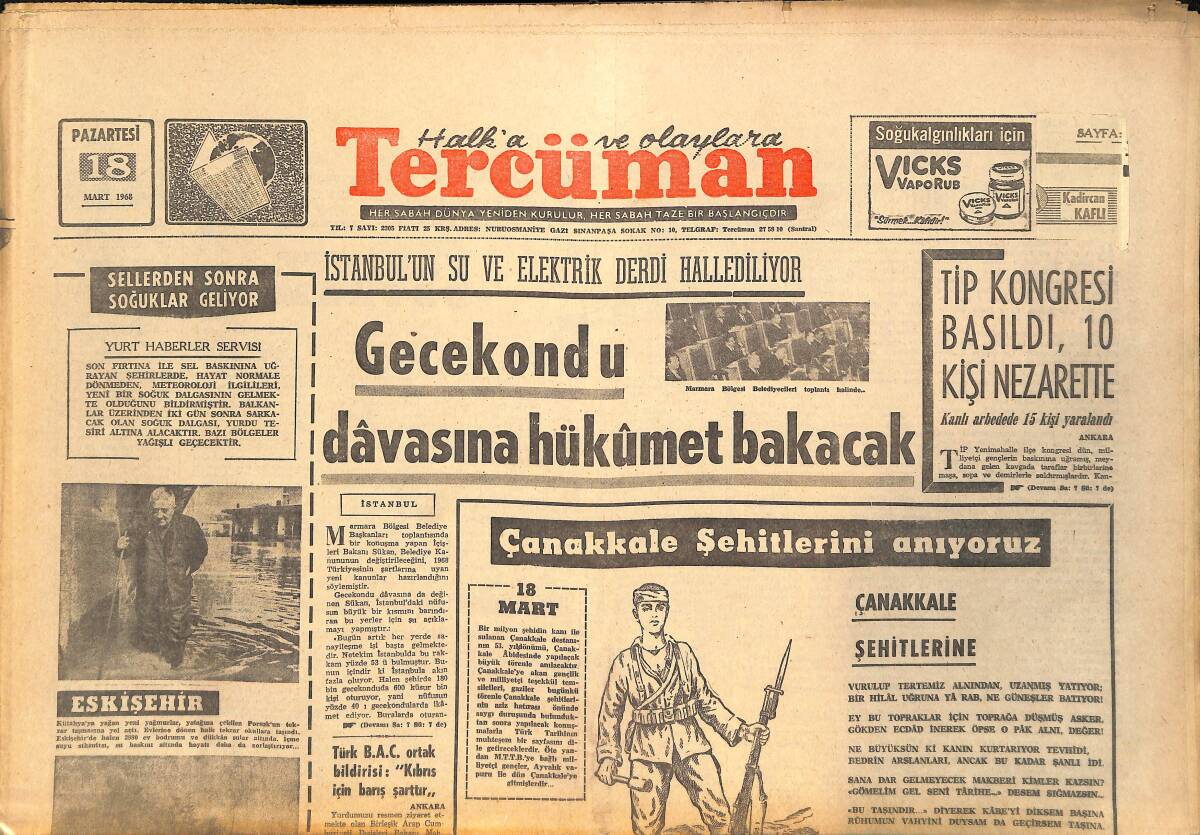 Tercüman Gazetesi 18 Mart 1968 - Neriman Köksal Ölümden Döndü - İstanbul'un Su Ve Elektrik Derdi Hallediliyor GZ146422 - 1