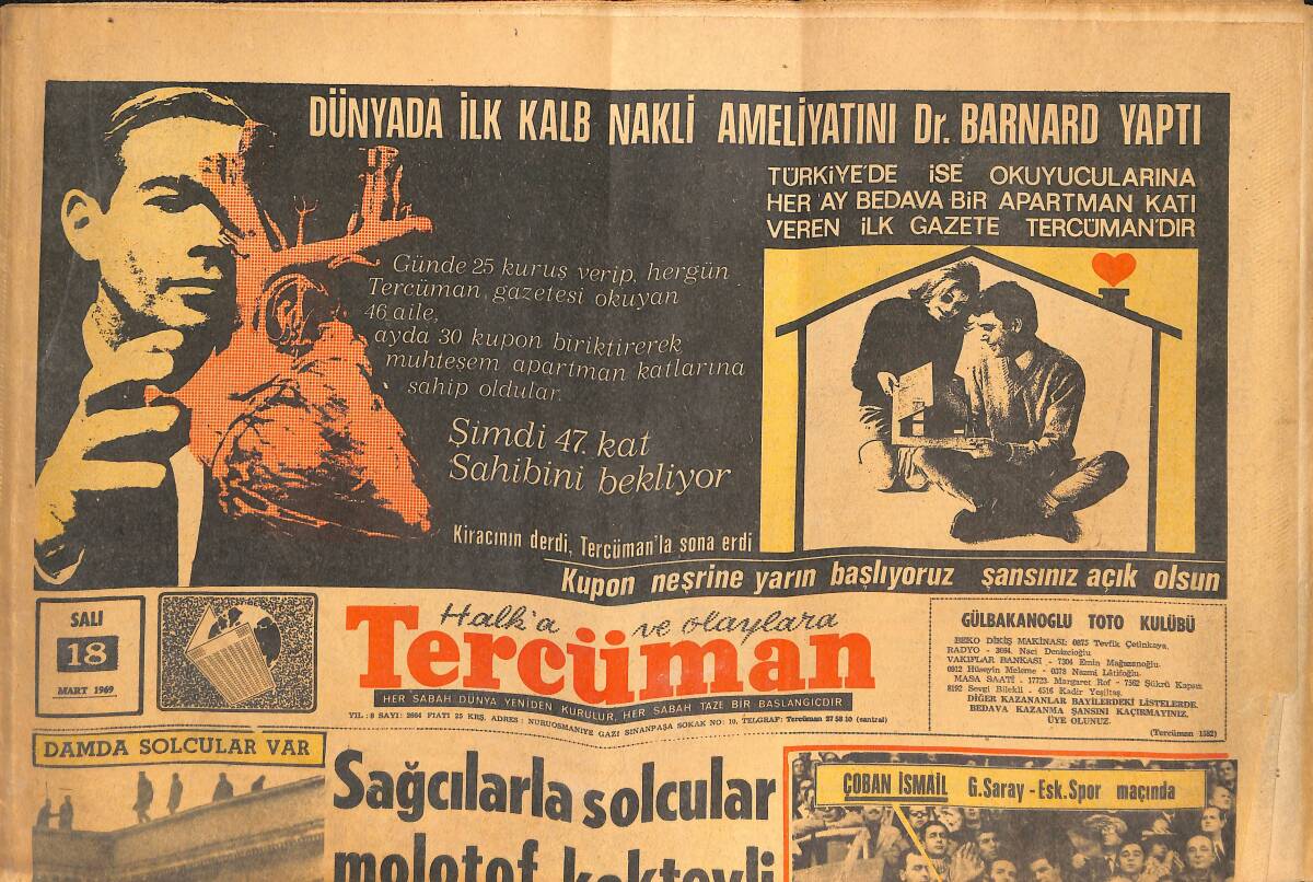 Tercüman Gazetesi 18 Mart 1969 - El Fetih Komando Üsleri Yine Bombalandı - Apak Futbolu Bırakıyor GZ141730 - 1